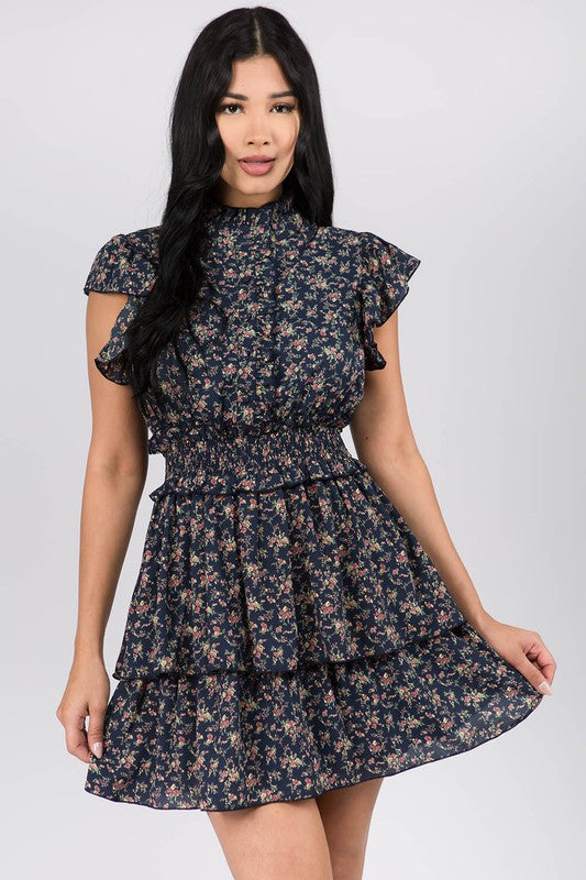 Mock Neck Ruffle Mini Dress With Floral Print