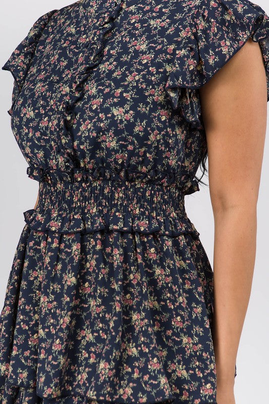 Mock Neck Ruffle Mini Dress With Floral Print