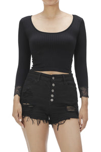 Ribbed Lace Panel Sleeve And Side Long Sleeve Crop Top